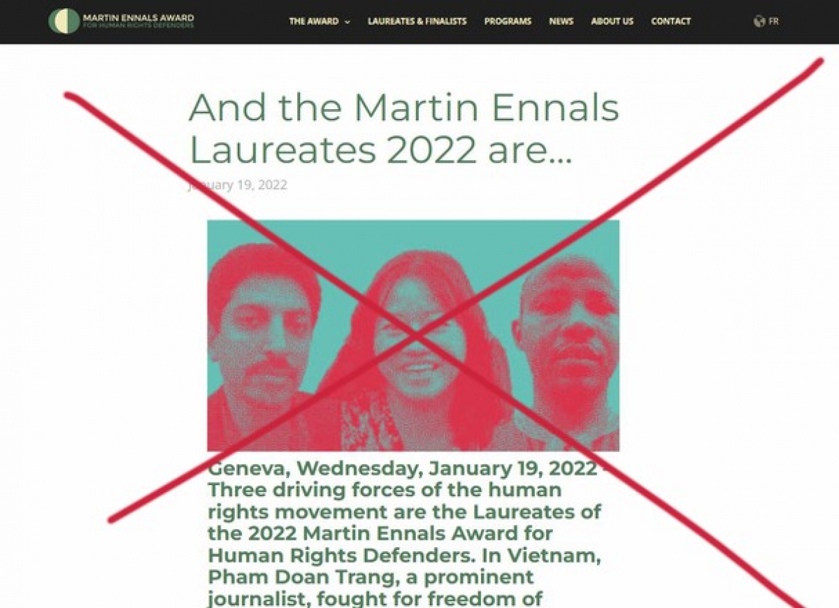 Công bố trên website của quỹ Martin Ennals. Ảnh chụp màn hình