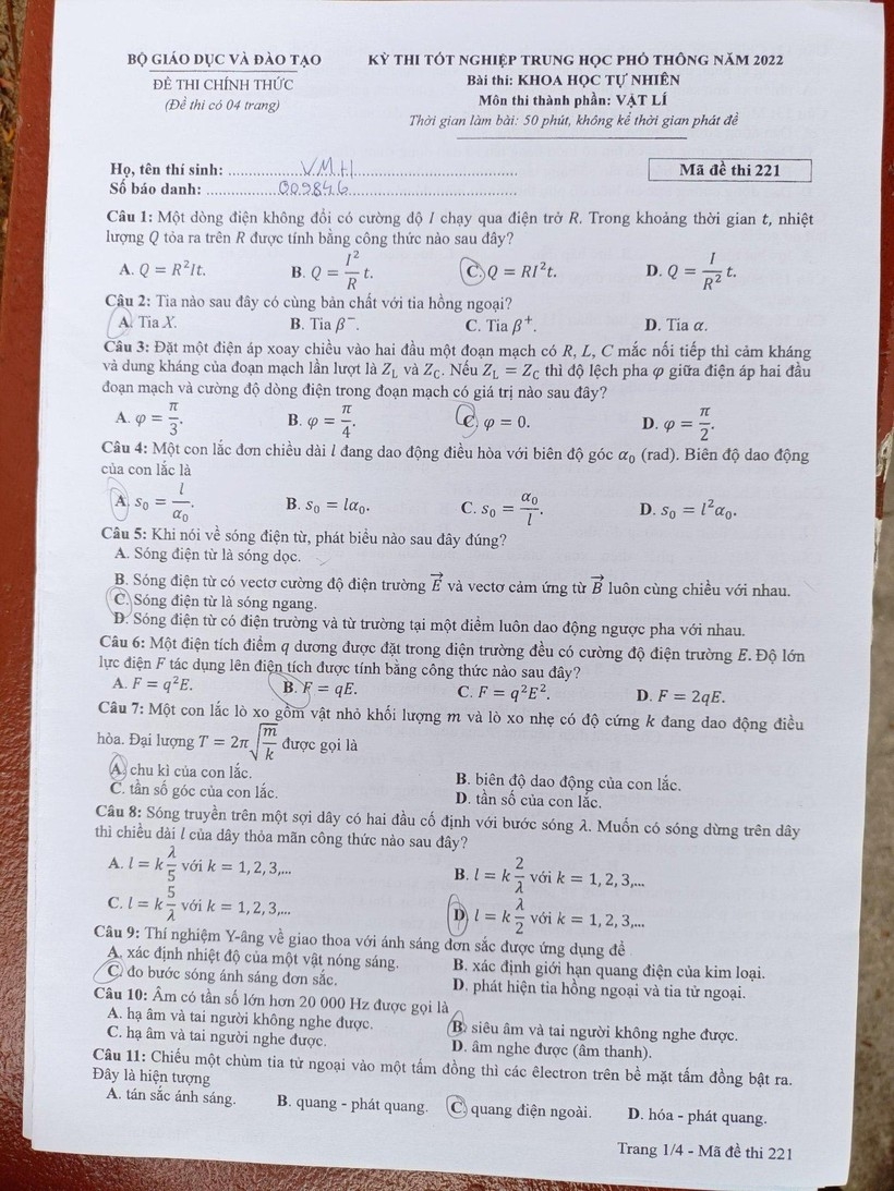 Gợi ý đáp án môn Vật Lý kỳ thi tốt nghiệp THPT 2022