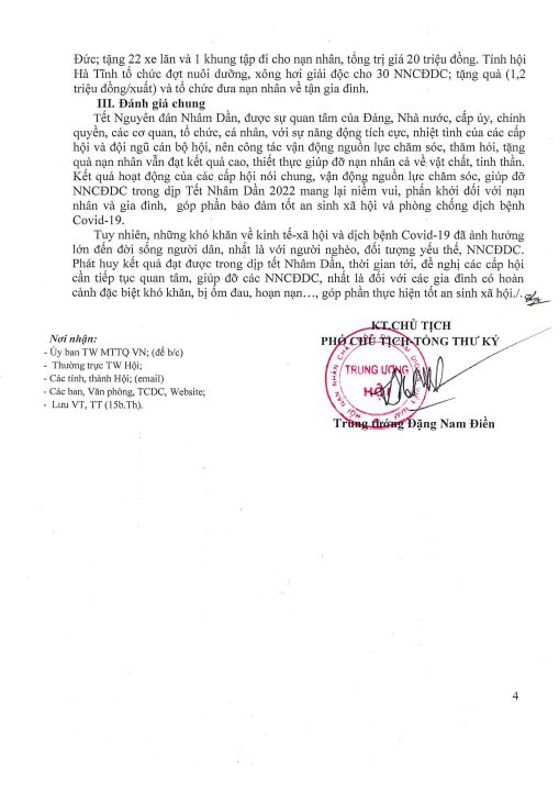 Báo cáo kết quả vận động, chăm sóc giúp đỡ nạn nhân chất độc da cam Tết Nguyên đán Nhâm Dần - 2022