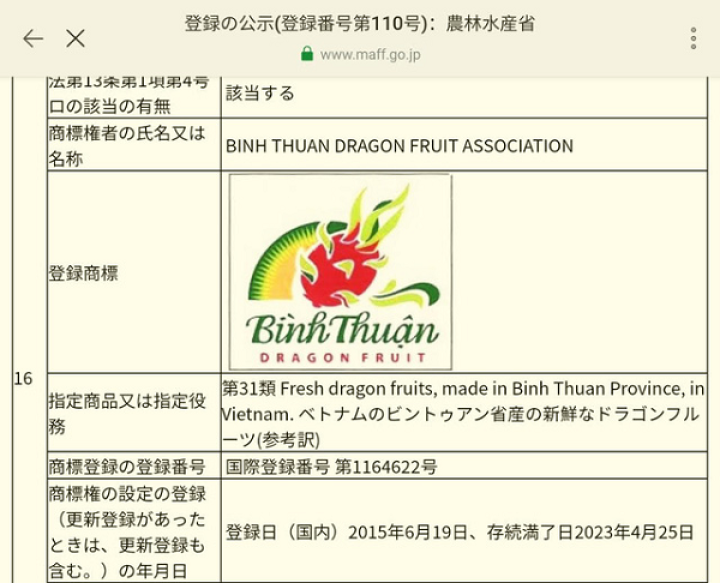 Trái cây thanh long của Bình Thuận đã được Nhật Bản đồng ý bảo hộ chỉ dẫn địa lý