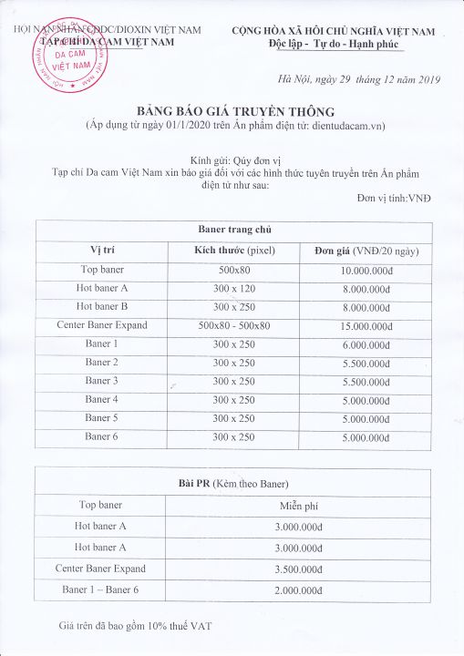 BÁO GIÁ QUẢNG CÁO TRÊN ĐIỆN TỬ DA CAM VIỆT NAM (dientudacam.vn)