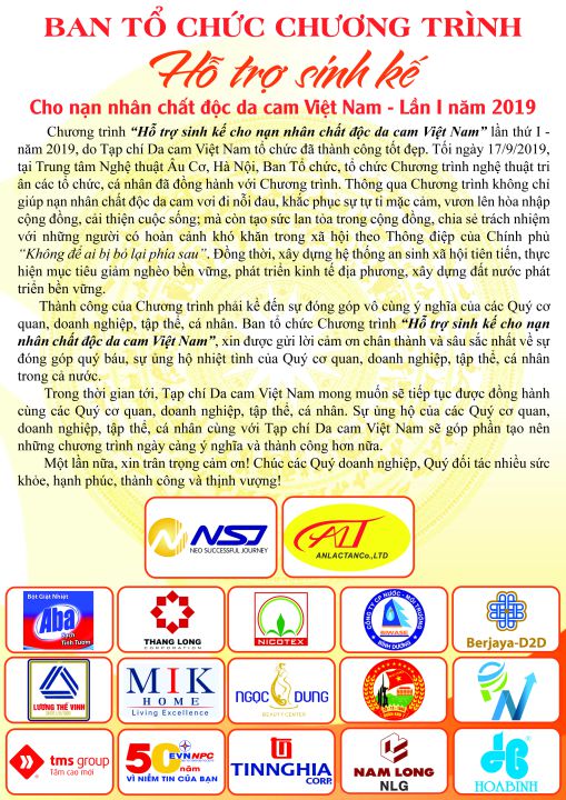Lời cảm ơn của Ban Tổ chức Chương trình "Hỗ trợ sinh kế cho nạn nhân chất độc da cam Việt Nam" lần thứ I, năm 2019