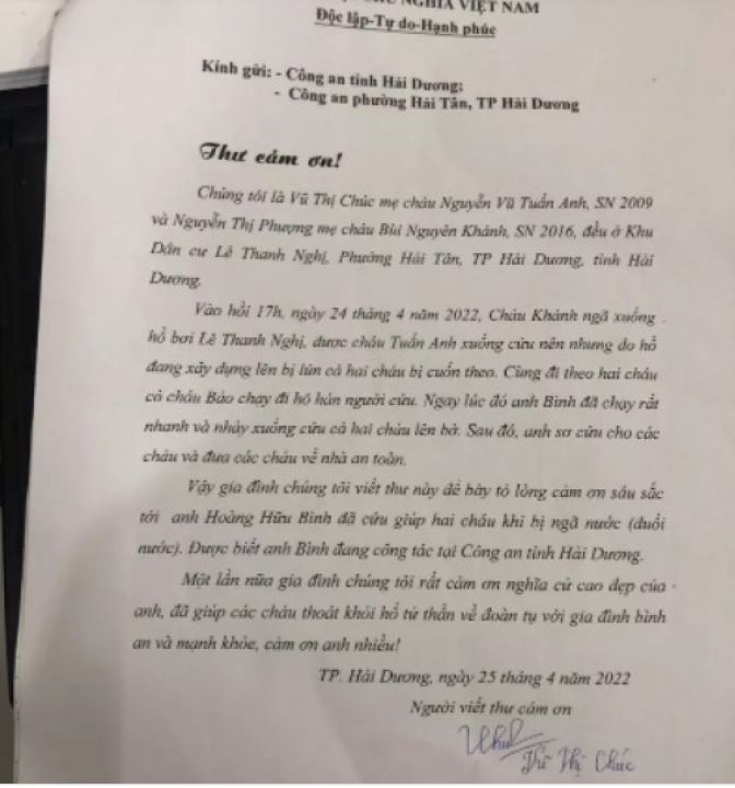 Đi tập thể dục, thiếu tá công an ở Hải Dương cứu 2 bé bị đuối nước