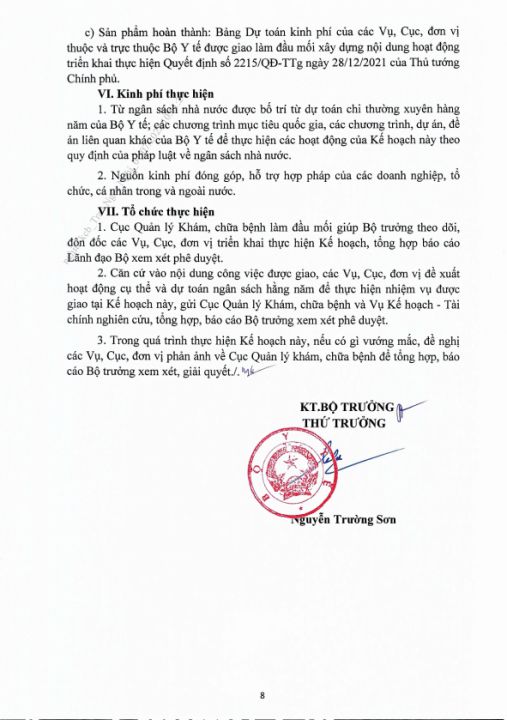 Bộ Y tế phê duyệt kế hoạch triển khai thực hiện Quyết định số 2215/QĐ-TTg ngày 28/12/2021 của Thủ tướng Chính phủ