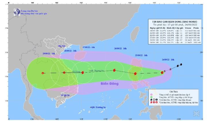 Dự báo ngày 26/9, tâm bão số 4 (NORU) ở khu vực Bắc Biển Đông, gió giật cấp 15