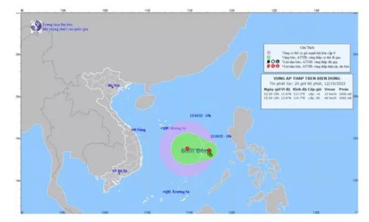 Ngày 13/10, sức gió vùng tâm áp thấp nhiệt đới giật cấp 9, rủi ro thiên tai cấp 3