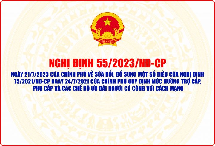 Nghị định 55/2023/NĐ-CP ngày 21/7/2023 của Chính phủ về sửa đổi, bổ sung một số điều của Nghị định 75/2021/NĐ-CP ngày 24/7/2021 của Chính phủ quy định mức hưởng trợ cấp, phụ cấp và các chế độ ưu đãi người có công với cách mạng