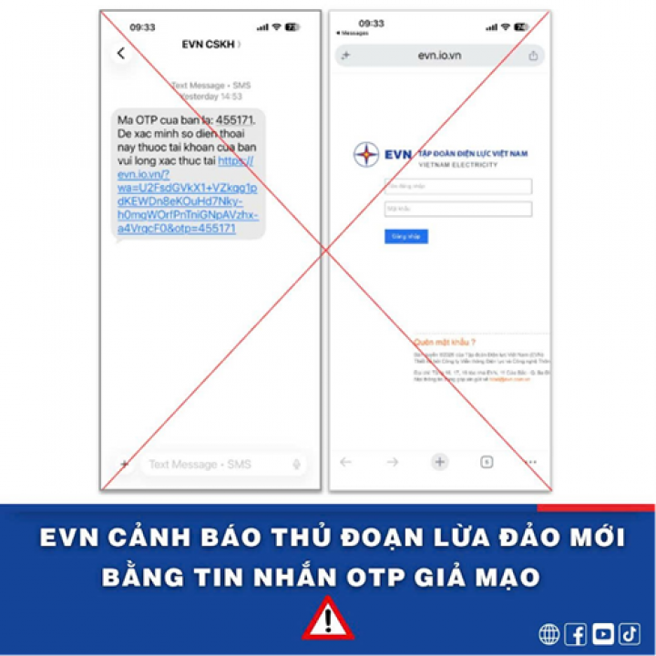 EVN cảnh báo thủ đoạn lừa đảo mới bằng tin nhắn OTP giả mạo